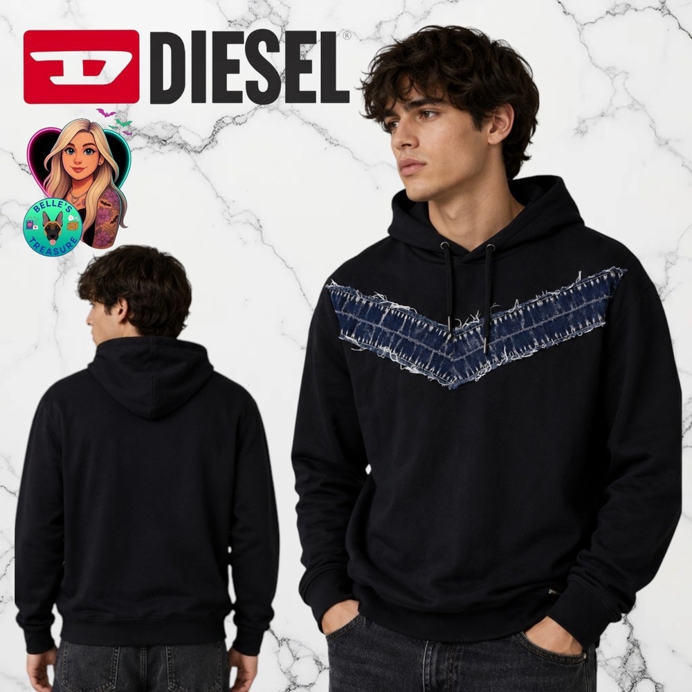 Diesel Mens Large Black‎ Cotton Hoodie Distressed Denim Chevron Patch Sweatshirt